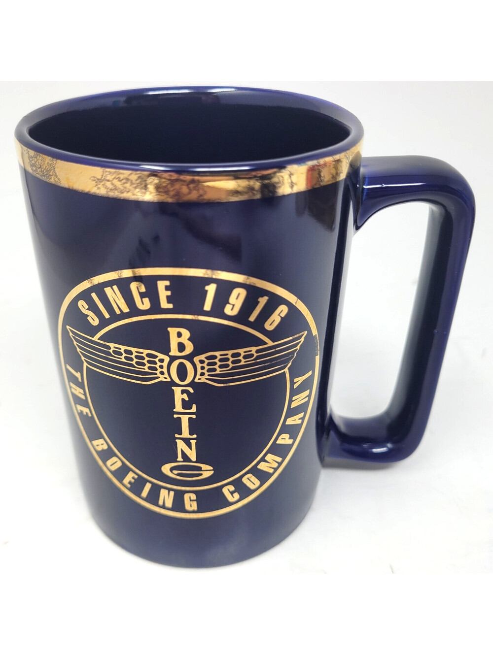 Vintage Boeing Since 1916 Coffee Mug Cobalt Blue Gold Rim Wing Logo Aviation
